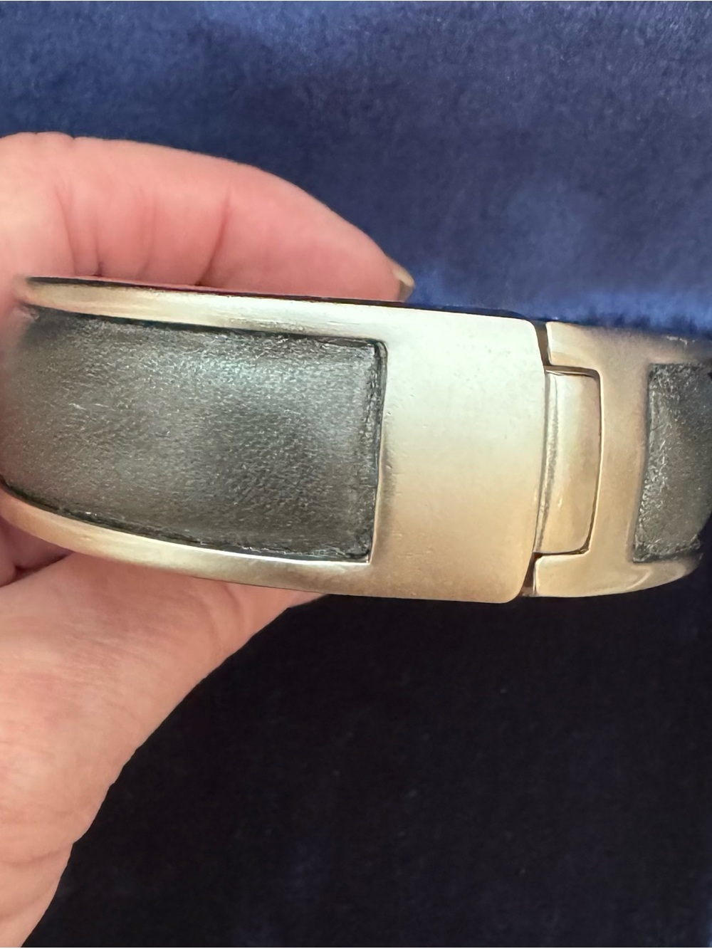 Ladies Gray Leather and Silver Metal Hinged Bracelet